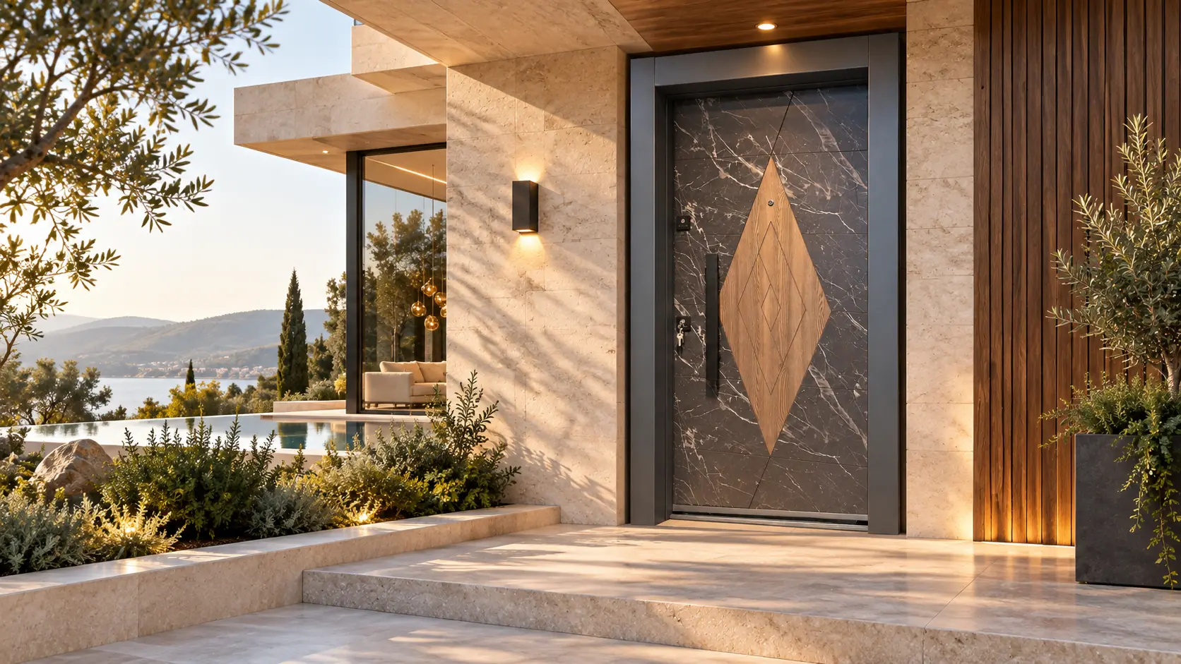 Modern villa girişinde BY Prestige çelik kapı